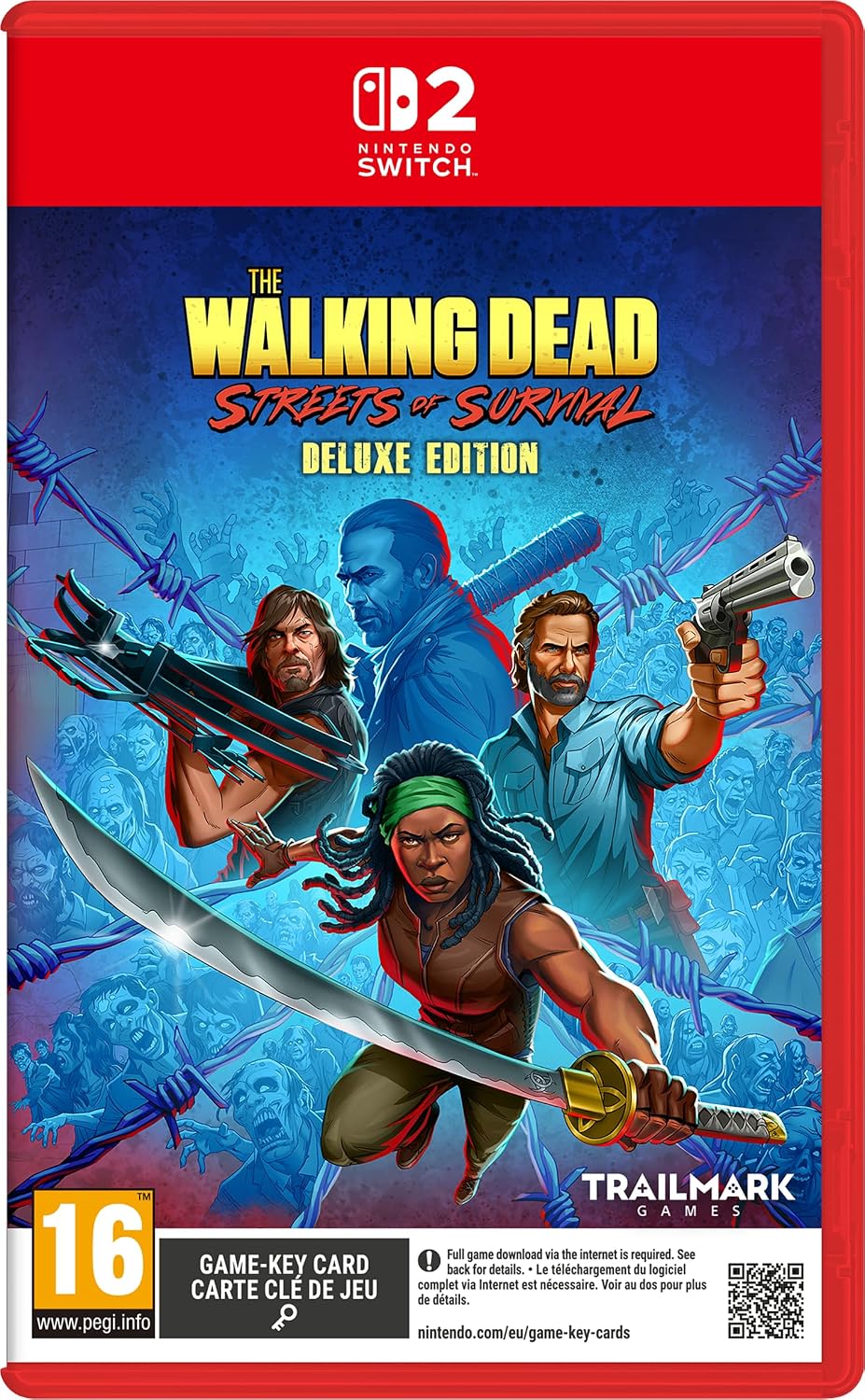 Nintendo Switch game case cover for The Walking Dead: Streets of Survival Deluxe Edition, featuring illustrated characters on a blue background with a red Nintendo Switch banner at the top and a red case border.