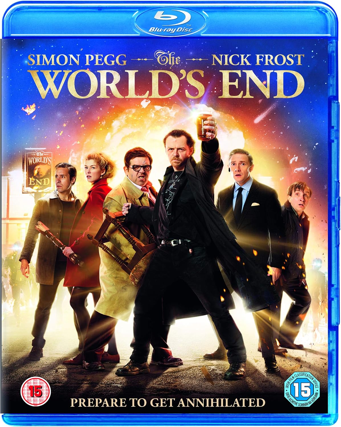 Blu-ray cover for the movie 'The World's End' featuring Simon Pegg and Nick Frost in front of a fiery explosion, with the Blu-ray Disc logo at the top and age rating badges at the bottom.