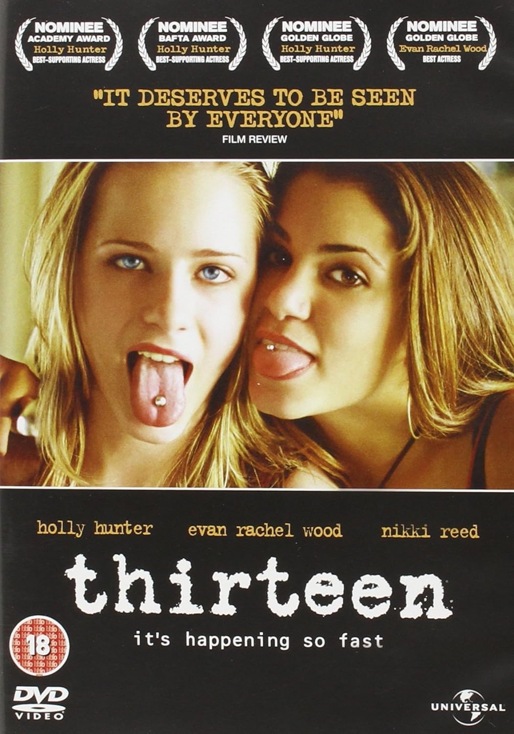 DVD cover for the movie 'Thirteen' featuring images of the main characters, with a focus on the younger girl. The cover also includes critical quotes and a brief description of the film.