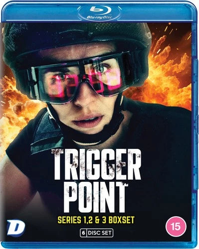 Blu-ray box set cover of 'Trigger Point' with a person wearing goggles and helmet against an explosion background.