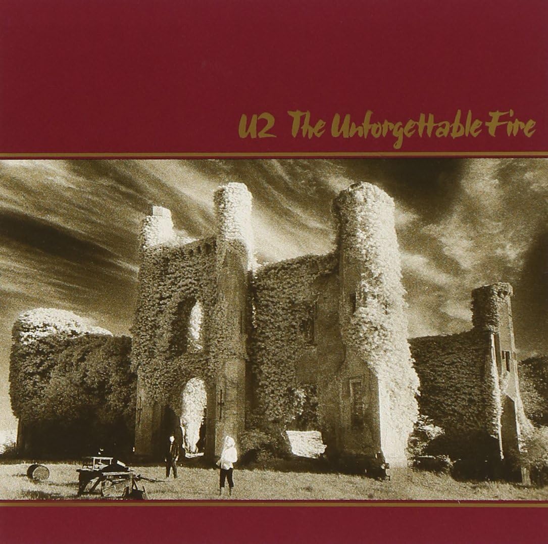 Audio CD cover for U2 The Unforgettable Fire featuring a black and white image of a castle.
