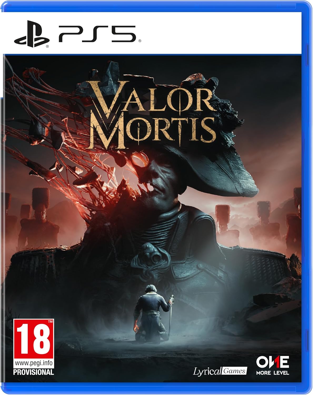 PS5 game case for Valor Mortis, featuring dark fantasy artwork with a large cloaked figure, glowing red structures, and the title in gold lettering. Visible branding includes PS5, PEGI 18, Lyrical Games, and More Level.