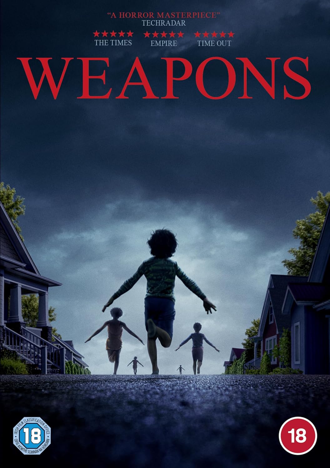Movie poster for 'Weapons' with a dark sky and houses, featuring a child running away from three other children.