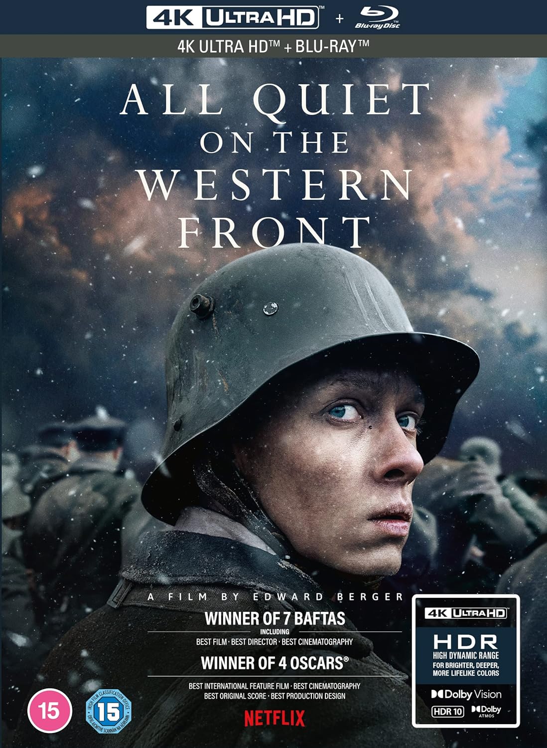Blu-ray cover of 'All Quiet on the Western Front' with a soldier's face and stormy background.