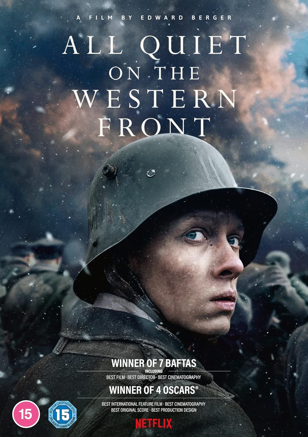 Movie poster for 'All Quiet on the Western Front' with a soldier in a helmet and uniform.