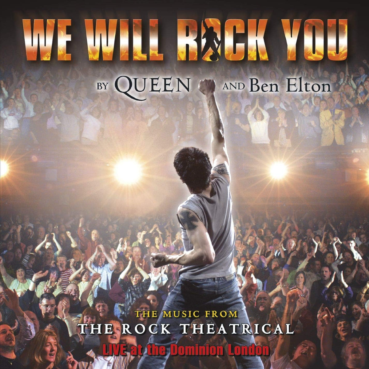 Promotional poster for 'We Will Rock You' by Queen and Ben Elton, featuring a person in a crowd with raised arms.