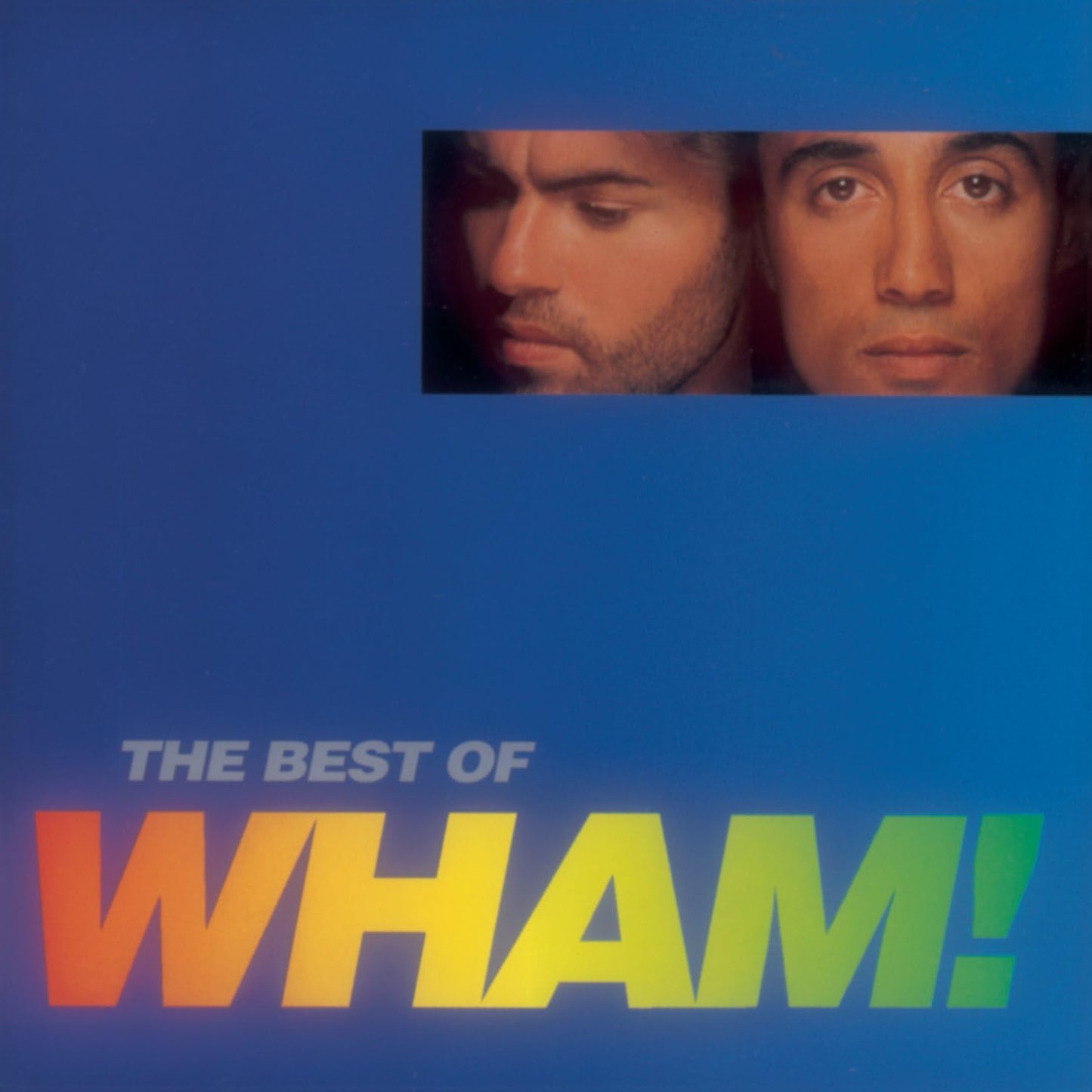 Album cover for 'The Best of Wham!' with a split image of a man's face and colorful text.