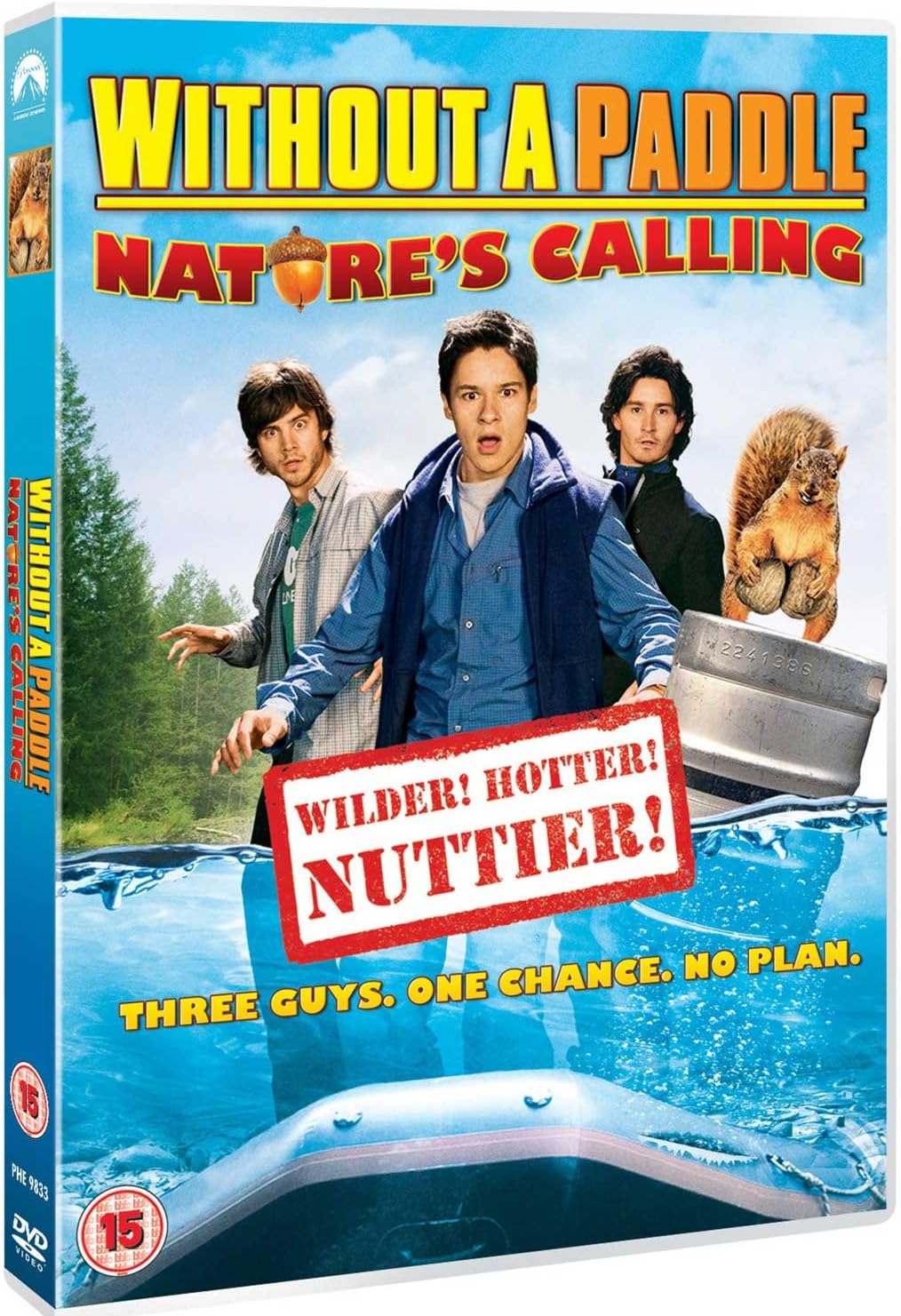 DVD cover for the movie 'Without a Paddle Nature's Calling' showing three young men standing in shallow blue water with a metal tub, a squirrel on one man's shoulder, and large title text at the top.