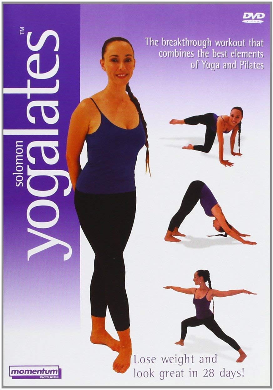 DVD cover for Solomon Yogalates workout video, featuring a woman in a purple tank top and black leggings standing in yoga pose, with three smaller exercise poses on a white and purple background. Solomon Yogalates title is prominent, with Momentum logo at bottom left.