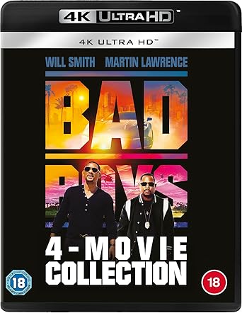4K Ultra HD Blu-ray cover of 'Bad Boys' 4-movie collection with Will Smith and Martin Lawrence.