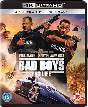 Blu-ray cover of 'Bad Boys for Life' featuring two police officers with a car and helicopter in the background.
