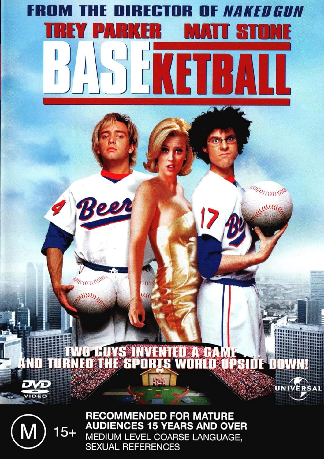 Movie poster for 'Baseketball' featuring three characters with a cityscape background.