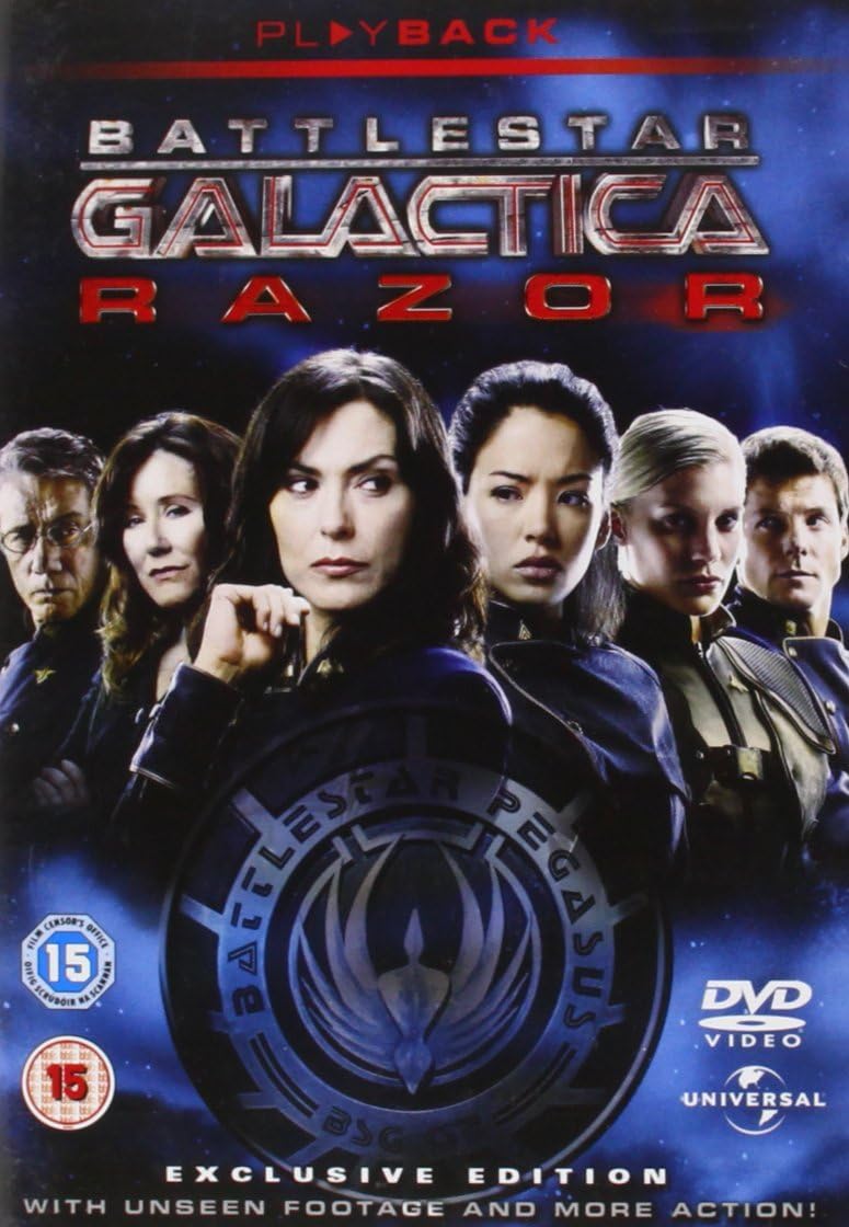 DVD cover for 'Battlestar Galactica: Razor' featuring a collage of the main characters in the series, with a descriptive text and rating indication.