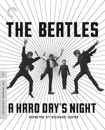 Movie poster for 'A Hard Day's Night' featuring The Beatles with a black and white design.