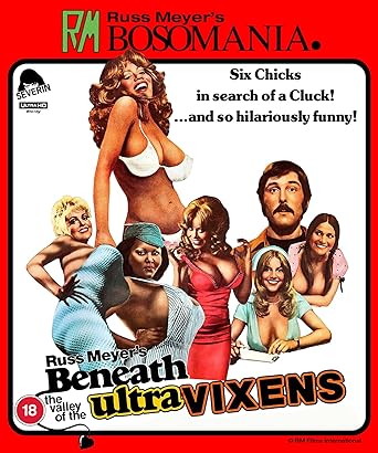Vintage movie poster for 'Russ Meyer's Bosomaniac' featuring women in bikinis and men.