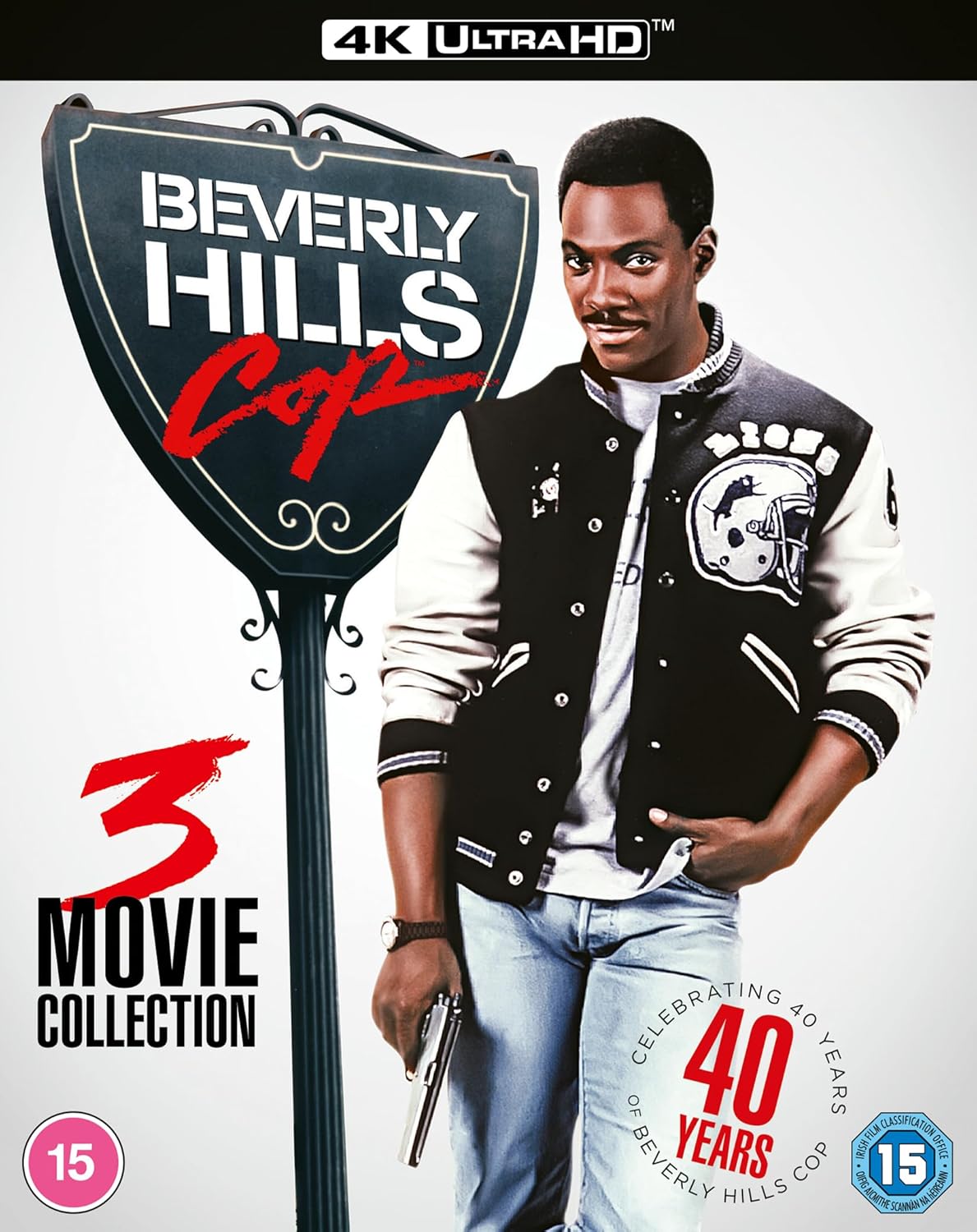 Beverly Hills Cop 4K Ultra HD movie collection with a person in a varsity jacket.