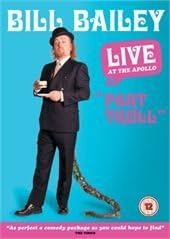 Bill Bailey's 'Live at the Apollo' CD cover, featuring a photo of the comedian in a black suit and bowler hat standing on a green snake, set against a bright blue background with white and pink text.