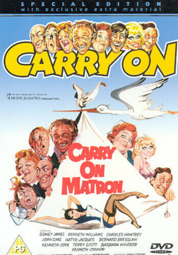 DVD cover for 'Carry On Matron' featuring a collage of black and white images of the main characters in various humorous poses and a bird.