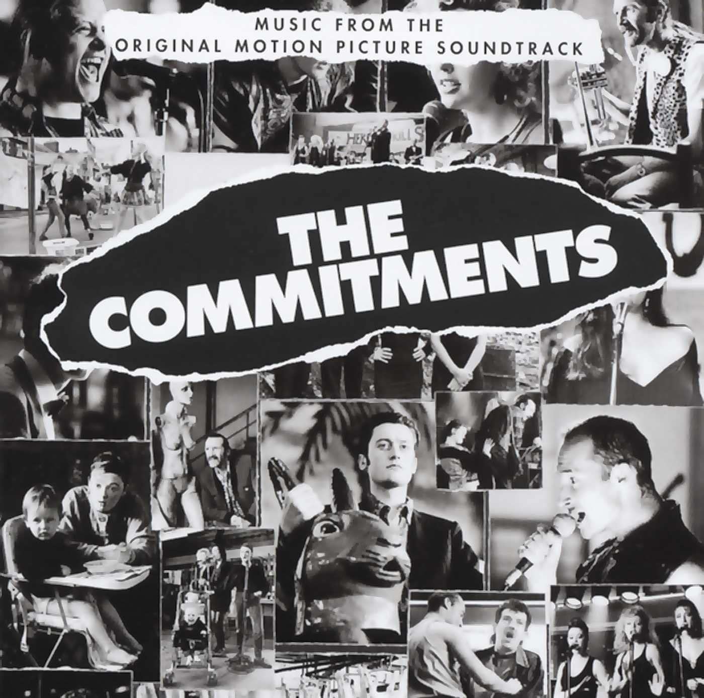 The cover of 'The Commitments' audio CD featuring a collage of black and white images from the movie with a central image of the lead singer on stage.