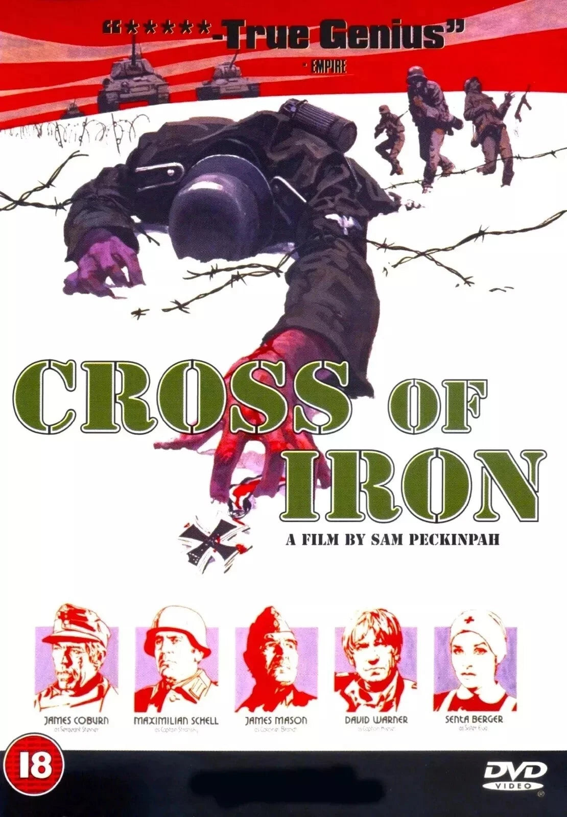 DVD cover for the film 'Cross of Iron' by Sam Peckinpah, featuring a dramatic illustration of a soldier falling across barbed wire with other soldiers in the background, large green title text, and small portrait silhouettes of cast members at the bottom.