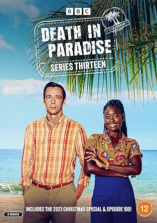 Cover of 'Death in Paradise: Series 13' DVD featuring two main characters, a man in a red checkered shirt and a woman in a brown dress, against a tropical-themed backdrop with palm trees.