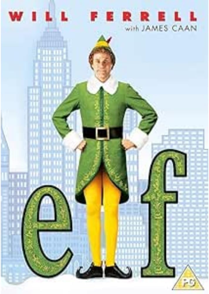 DVD cover of 'Elf' featuring Will Ferrell in an elf costume with a cityscape background.