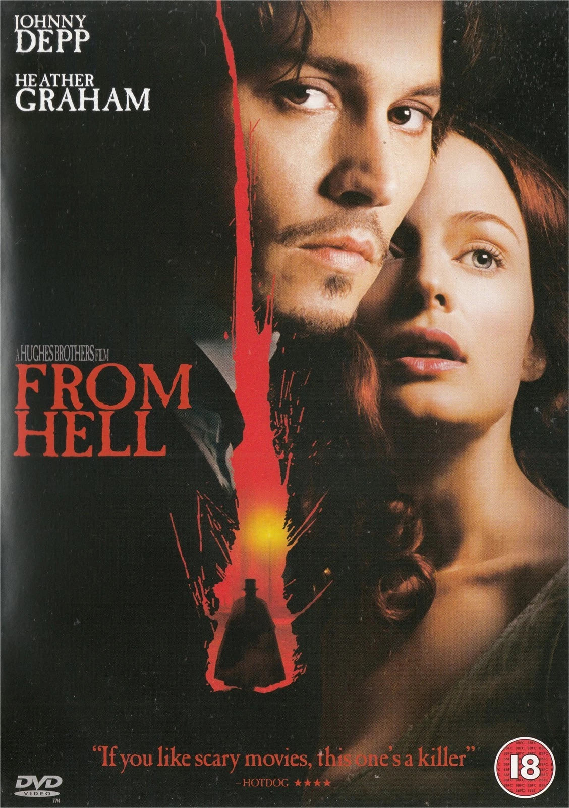 Movie poster for 'From Hell' featuring Johnny Depp and Heather Graham with a red line running between them.