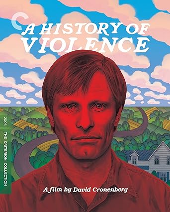 Movie poster for 'A History of Violence' with a stylized landscape and character's face.