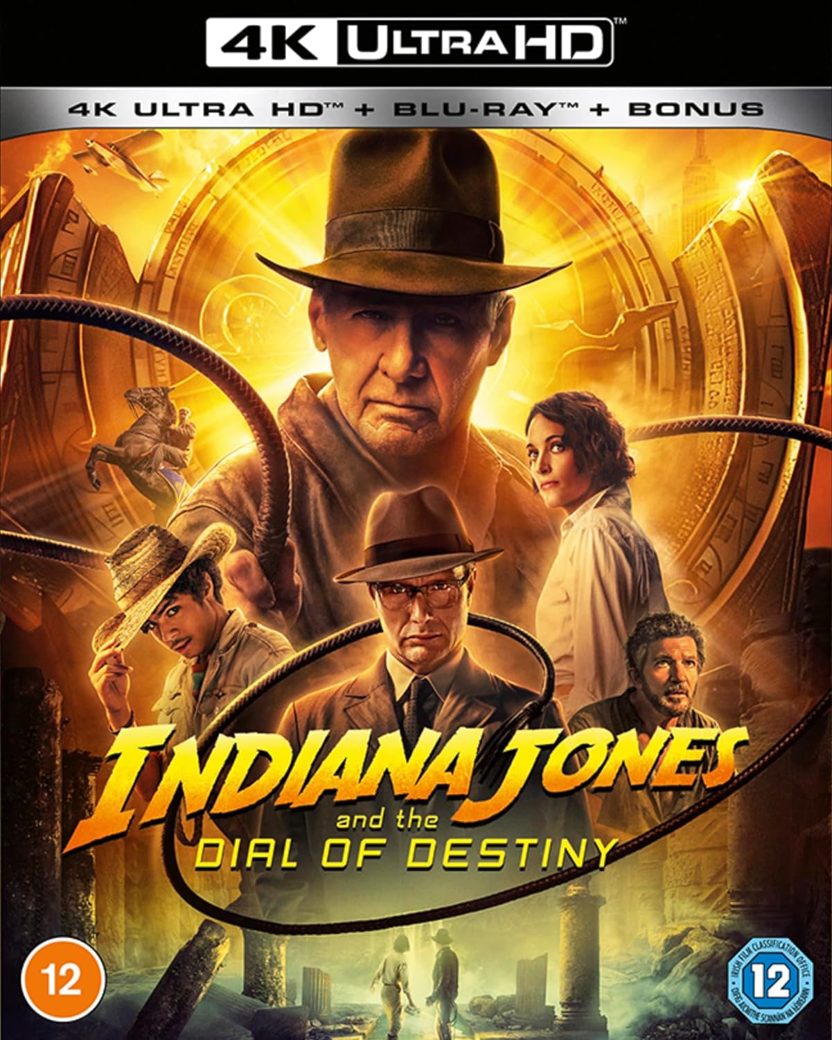 Cover art for Indiana Jones & The Dial Of Destiny 4K UHD Blu-ray showing an ensemble of characters with a vintage stylized backdrop.