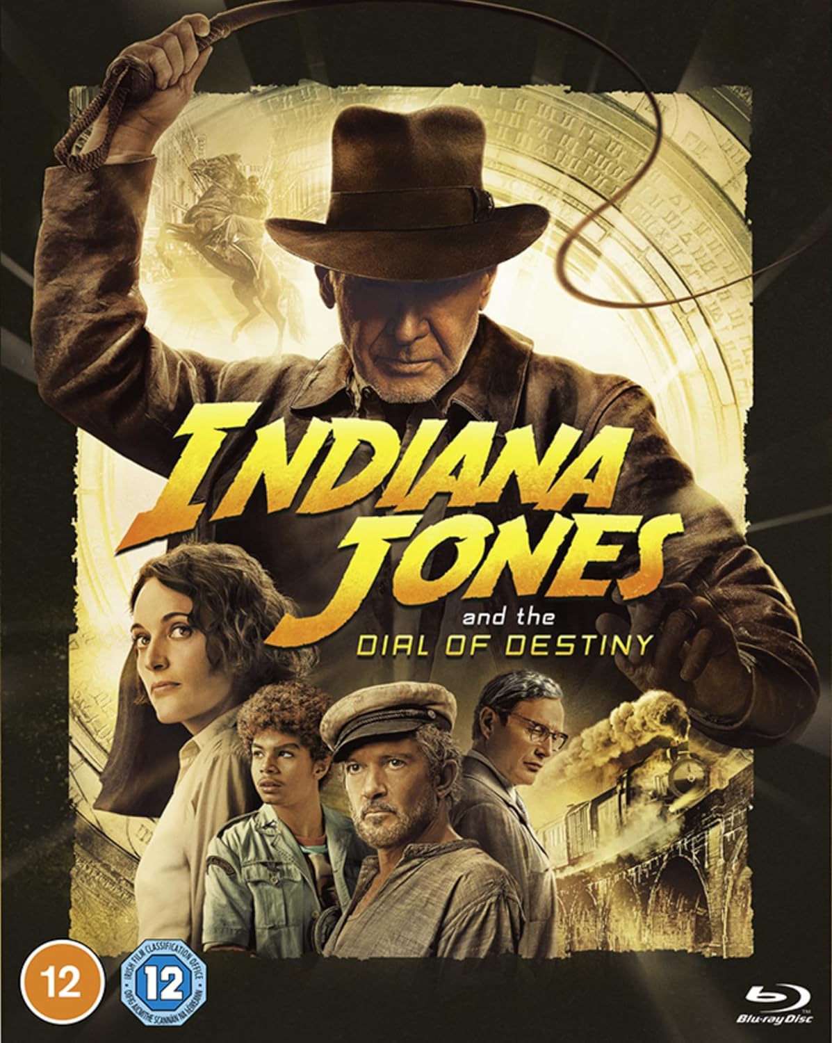 Cover of the Blu-ray movie 'Indiana Jones & The Dial Of Destiny' featuring an image of the main character, Indiana Jones, with a leather jacket and hat, surrounded by three other characters in a dramatic pose.