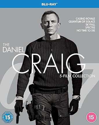 Blu-ray collection of Daniel Craig's James Bond films with a gray background