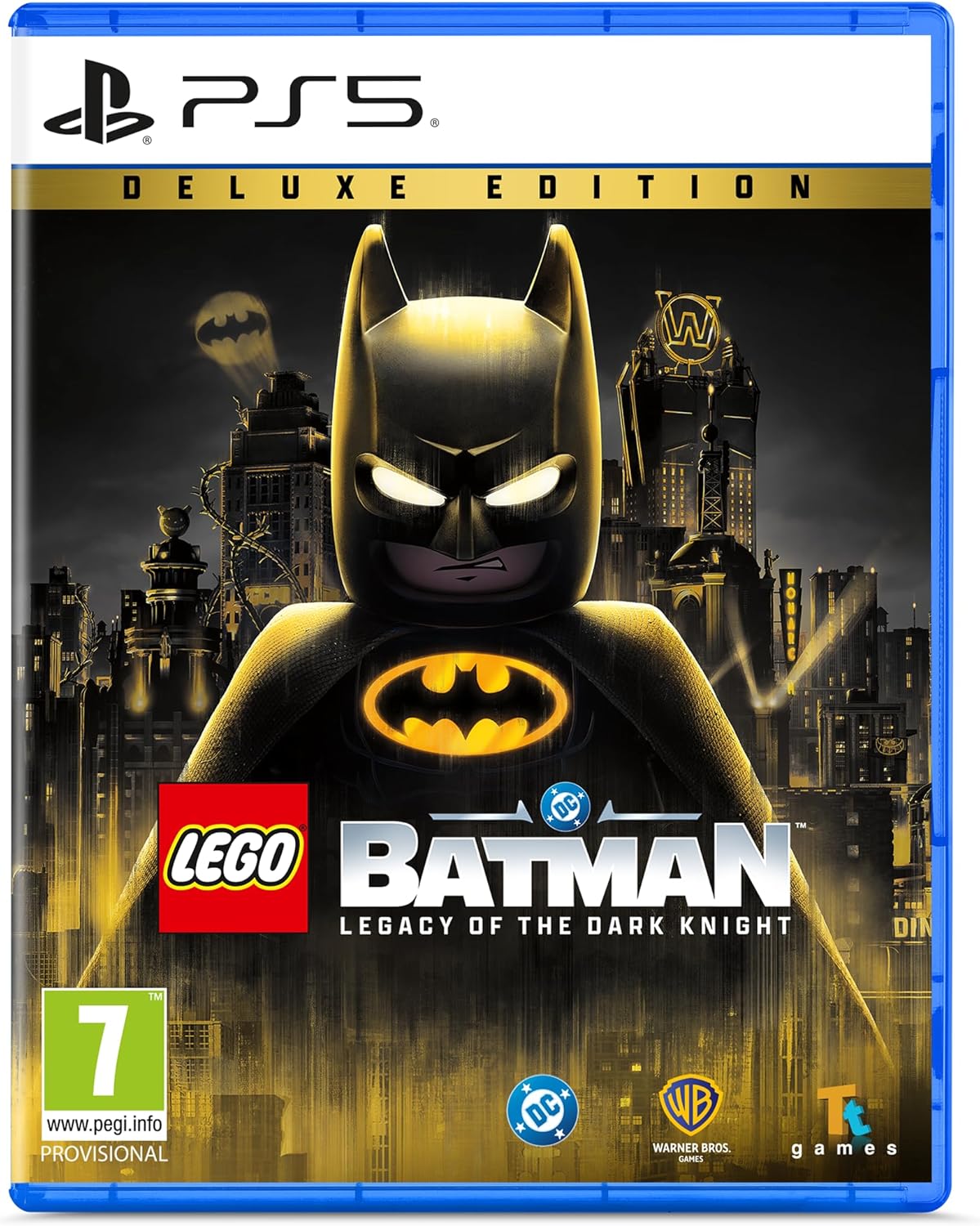 Deluxe edition of LEGO Batman: Legacy of the Dark Knight game for PS5 with Batman figure on cover.