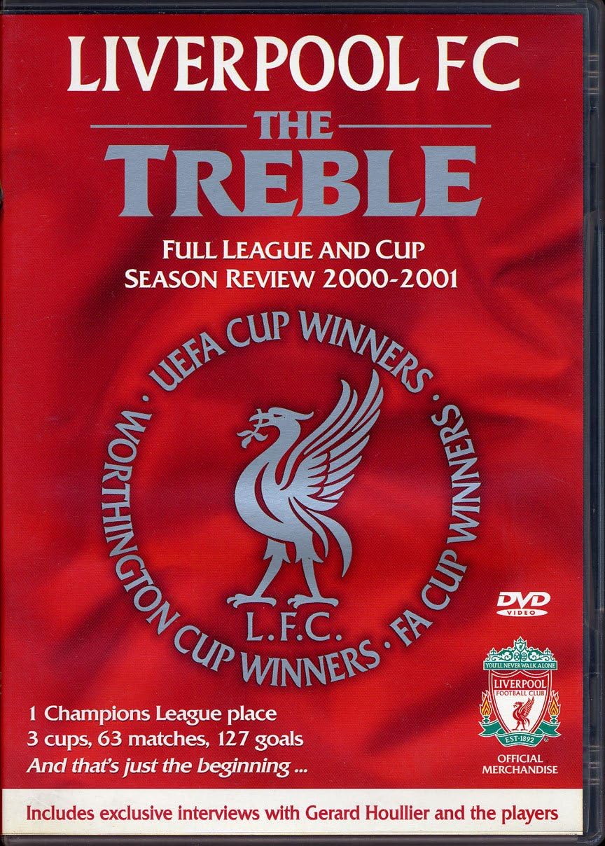 DVD cover for 'Liverpool FC: The Treble - League And Cup Season Review 2000/2001' featuring the Liverpool FC logo, a DVD disc, and text detailing the content and year.