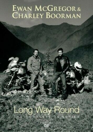 DVD cover for 'Long Way Round' featuring two men with motorcycles in the background, set against a mountainous landscape.
