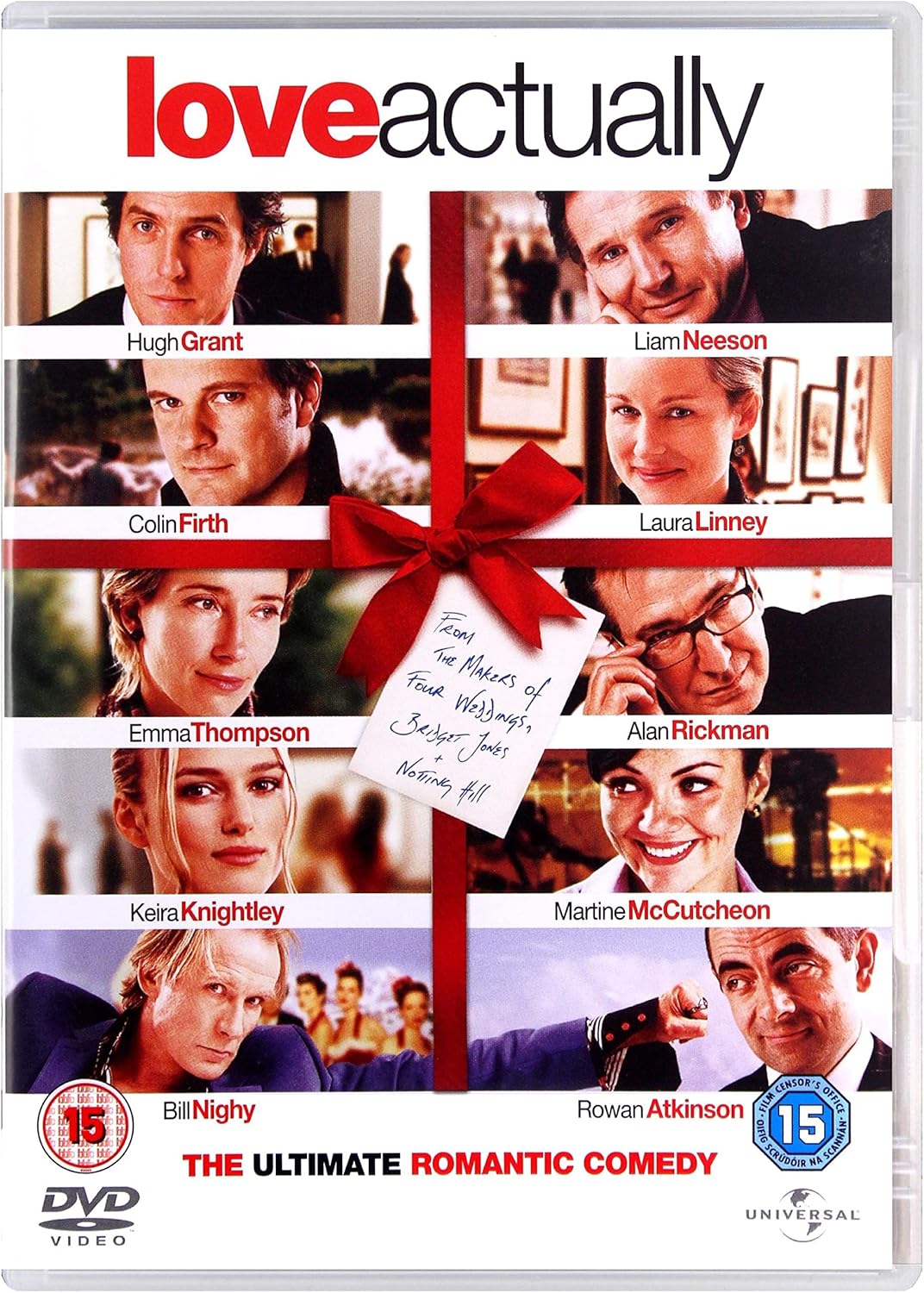 DVD cover of 'Love Actually' with character portraits and a red ribbon