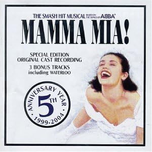 Cover of the 'Mamma Mia - Original London Cast 5th Anniversary Edition' audio CD featuring an image of an actress in the role of Donna, with the title and anniversary details prominently displayed.
