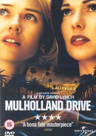 DVD cover for 'Mulholland Drive' featuring two female characters prominently with a backdrop of a road and palm trees.