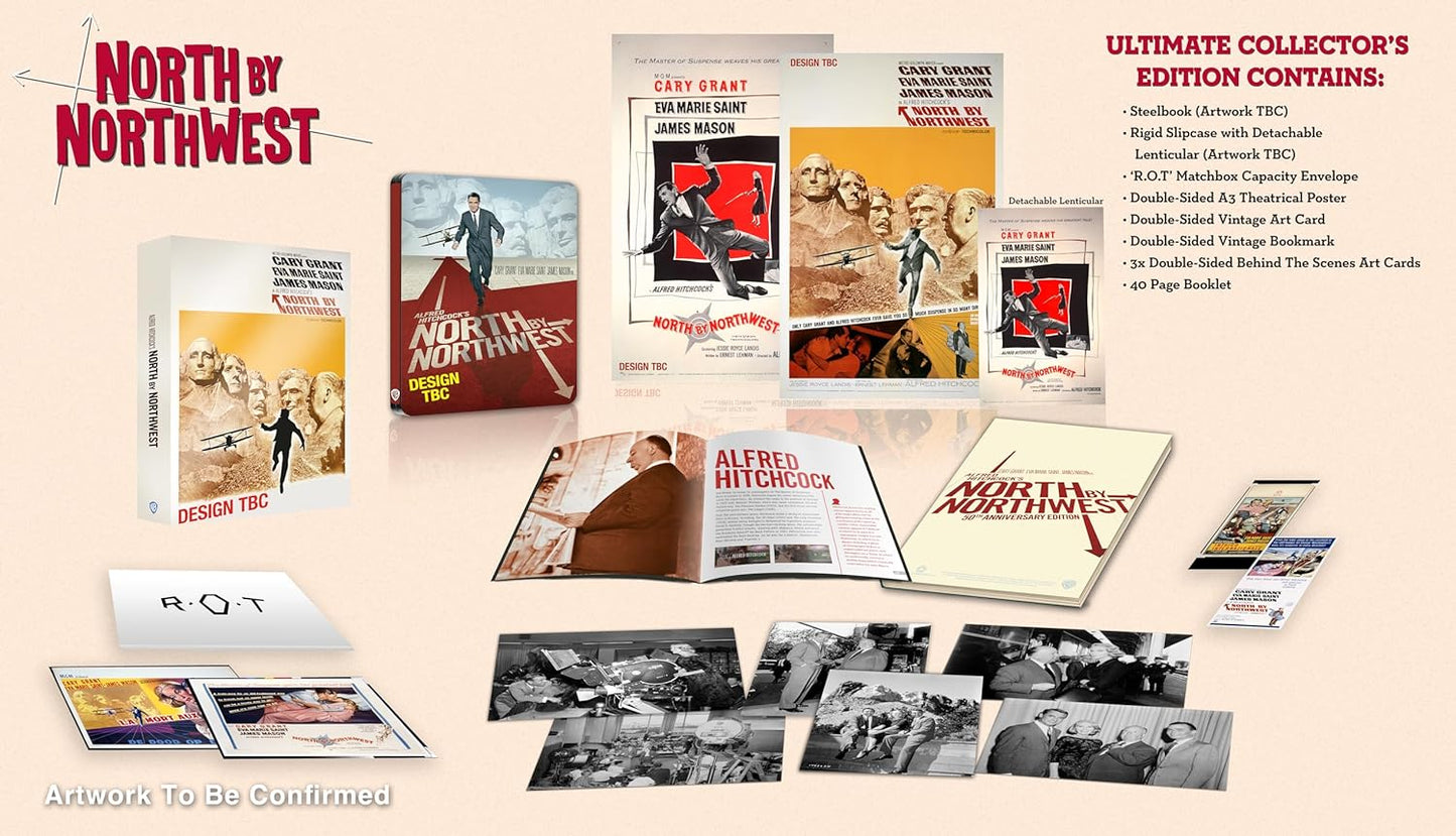 Promotional display for 'North by Northwest Ultimate Collector's Edition' Blu-ray set, featuring various collectible items like a steelbook, posters, and a book.