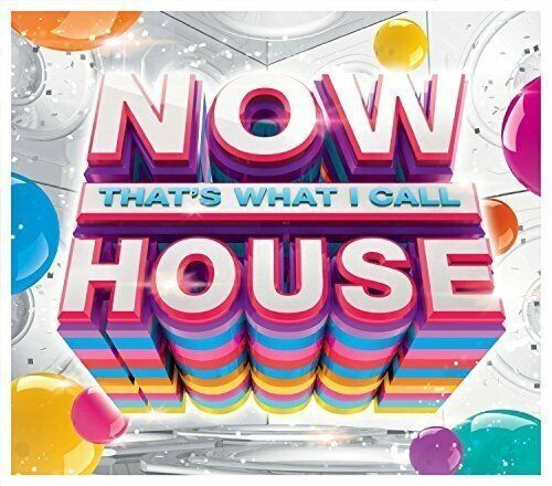 A promotional image for 'Now That's What I Call House' box set featuring a colorful graphic of a house with the text 'NOW THAT'S WHAT I CALL HOUSE' and various decorative elements like balloons and a reflective surface.