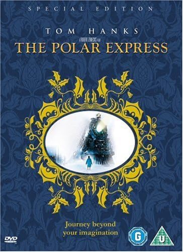 DVD cover of 'The Polar Express' with decorative elements and a blue background