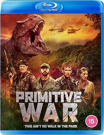 Blu-ray cover of 'Primitive War' with a dinosaur and human characters in a forest setting.