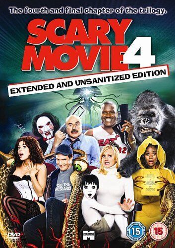 DVD cover for 'Scary Movie 4' featuring a collage of the main cast in various humorous and spooky poses against a green background.