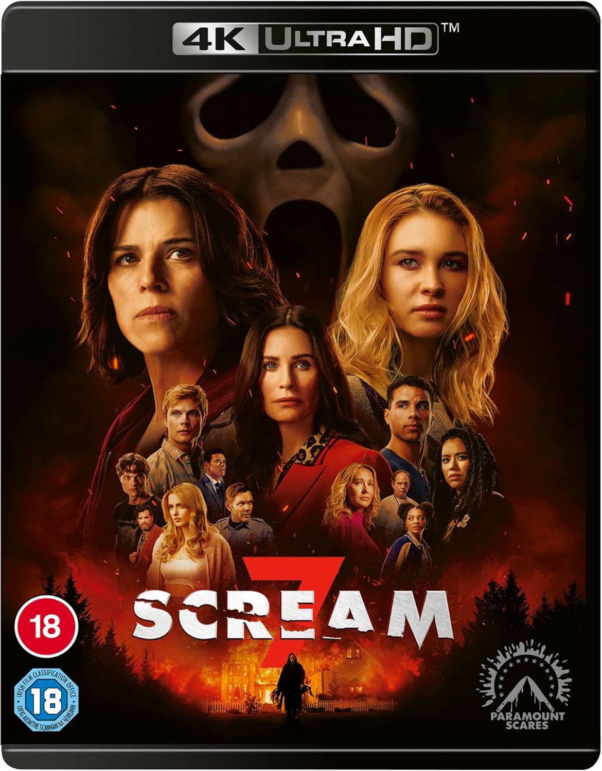 Blu-ray cover of 'Scream 7' with characters and 4K Ultra HD logo.