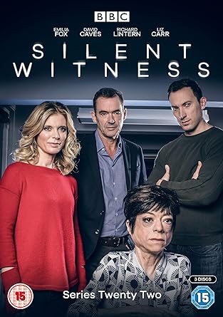 A DVD cover featuring three characters from the Silent Witness Series 22, with a woman in a red dress, a man in a grey suit, and a woman with glasses sitting at a table.