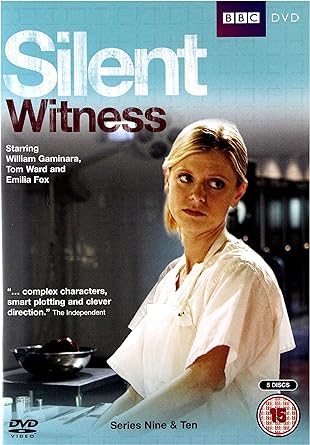 DVD cover for 'Silent Witness' featuring a close-up portrait of a female character in a hospital setting. The cover also includes text with the series title, cast names, and a brief description of the series.