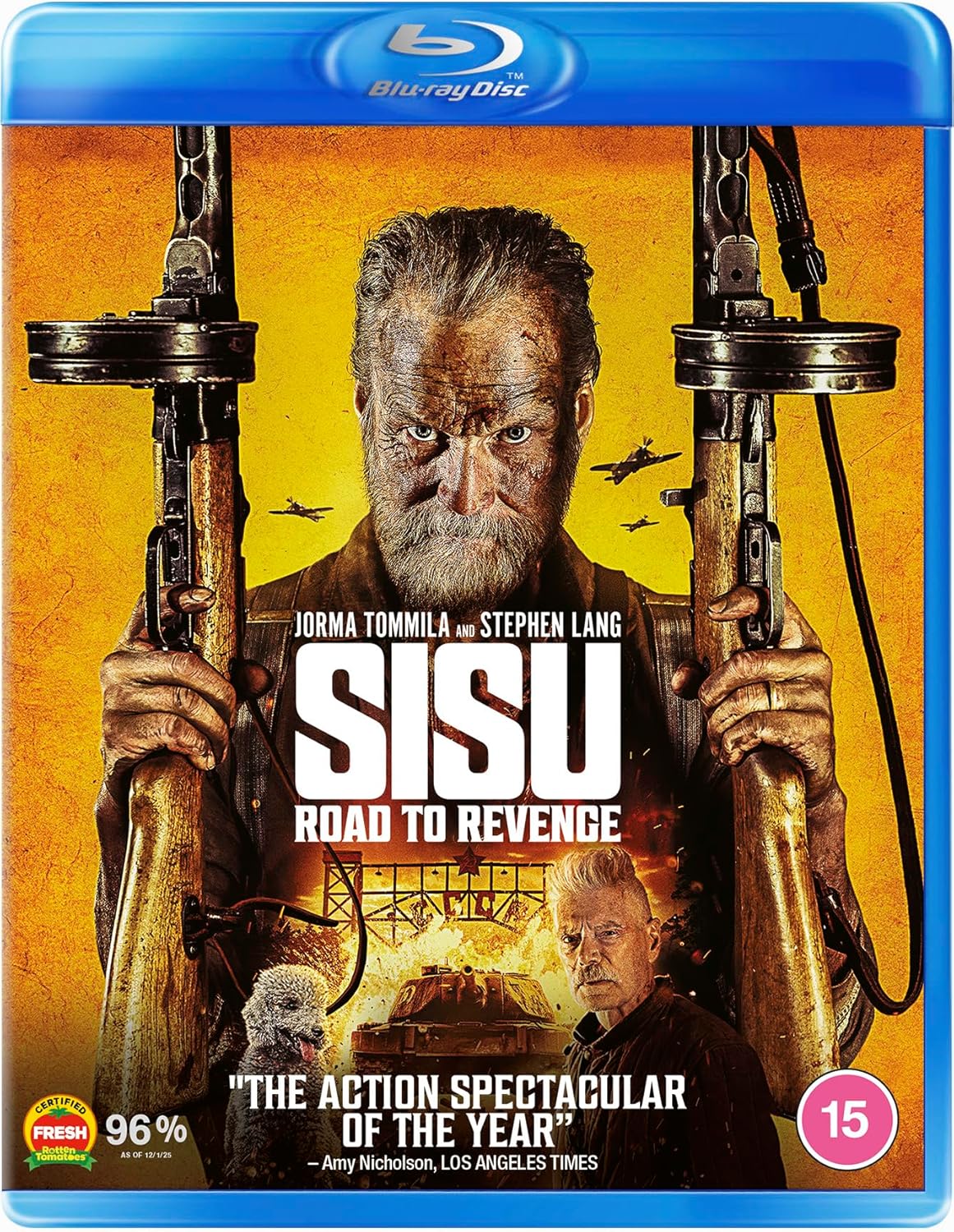 Blu-ray cover of 'Sisu: Road to Revenge' with a man holding guns and action scenes.
