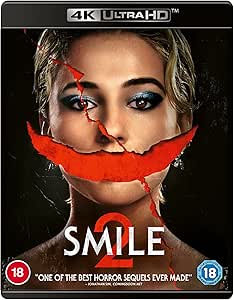 Cover art for 'Smile 2' movie on 4K UHD Blu-ray showing a distorted image of a person's face with a red smile, indicating a horror genre.