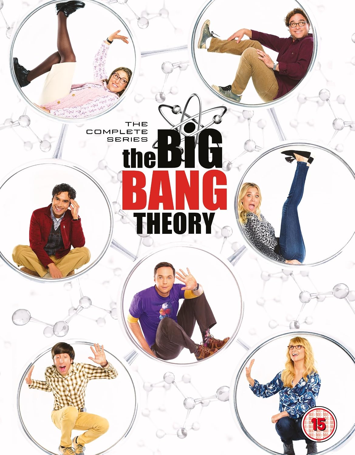 DVD box set cover for 'The Big Bang Theory' complete series with character portraits.
