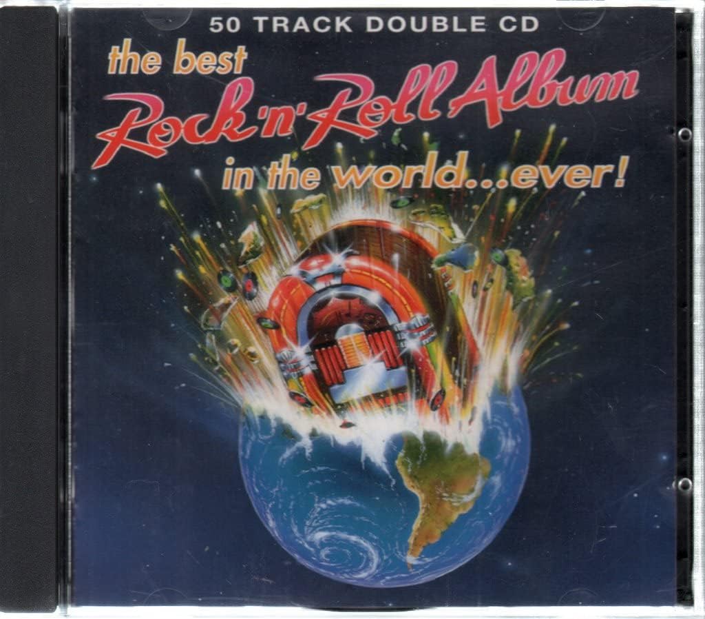 Double CD cover titled 'The Best Rock 'n' Roll Album in the World...ever!' with a colorful design of a stage and globe.