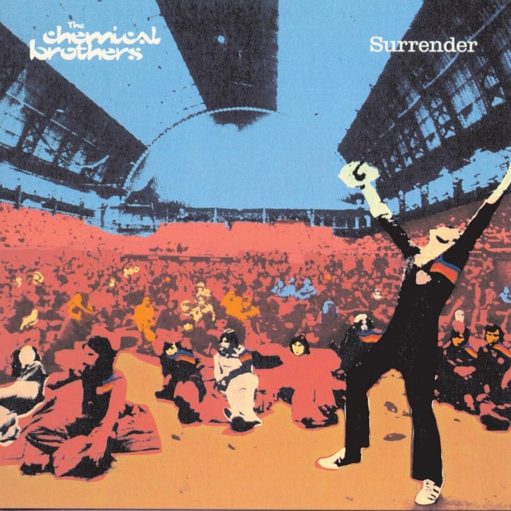 Album cover for 'Surrender' by The Chemical Brothers with a dancer and crowd illustration.